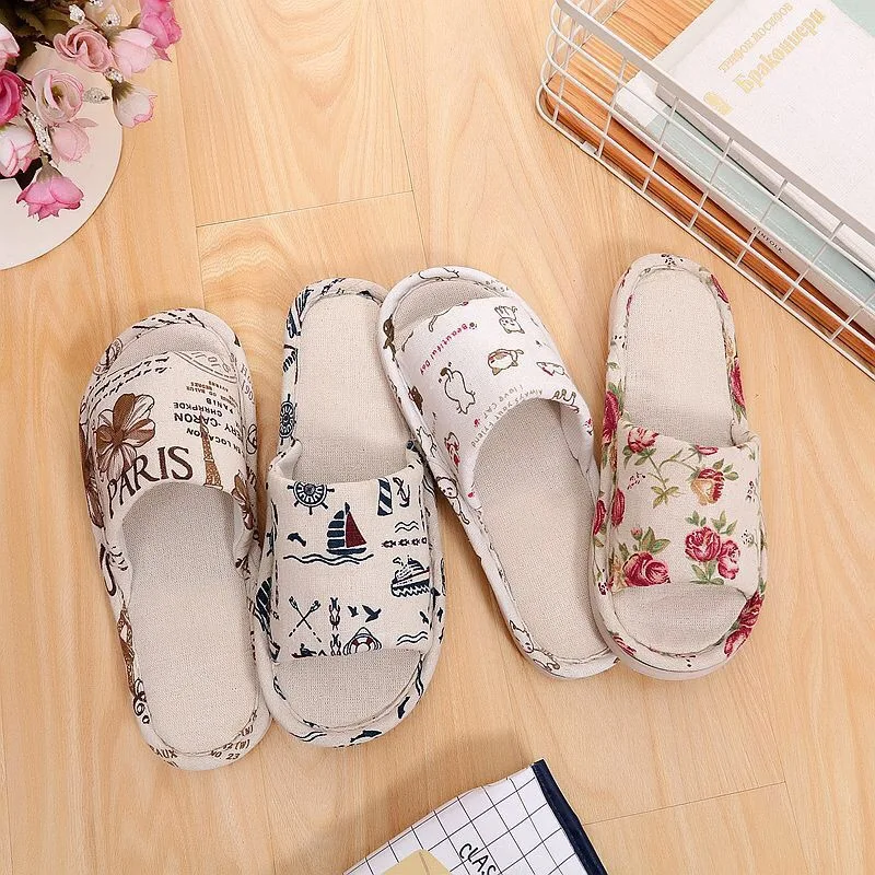 Four Seasons Women Linen Slippers Indoor Floor Flat Shoes Spring Autumn Linen Flip Flops Home Lightweight Slides Female Slipper_voghion.com