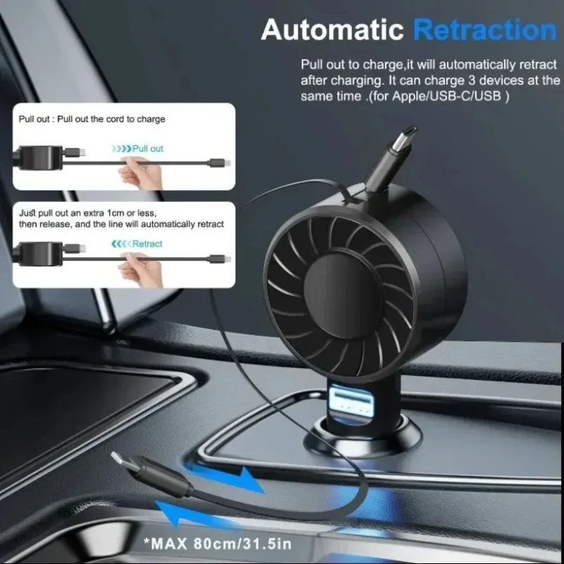 USB C Car Charger 50W PD Fast Charging Retractable 3 in 1 Cable for iPhone 15 Samsung Galaxy iPad Truck SUV RV 12V