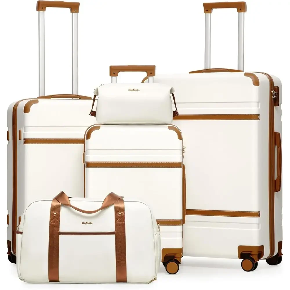5-Piece Hardshell Luggage Set with Spinner Wheels, PC+ABS Material, TSA Lock (White & Brown)