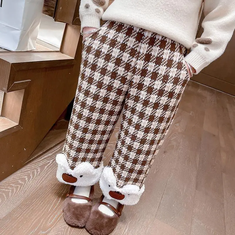 

Осенне-зимние брюки для девочек, широкие брюки в сетку, корейская версия, утепленные прямые брюки на хлопковой флисовой подкладке, одежда для дома, детская одежда