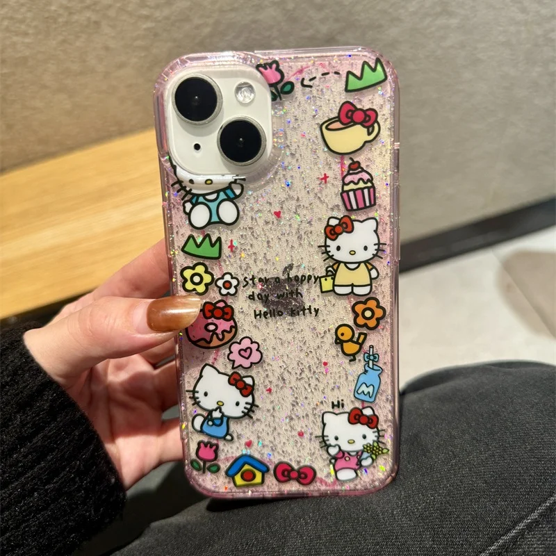 

Luxury Cute Illustration Hello Kitty Shiny Glitter Phone Case For iPhone 13 14 15 16ProMax KT Crown Flower Glitter Protect Cover