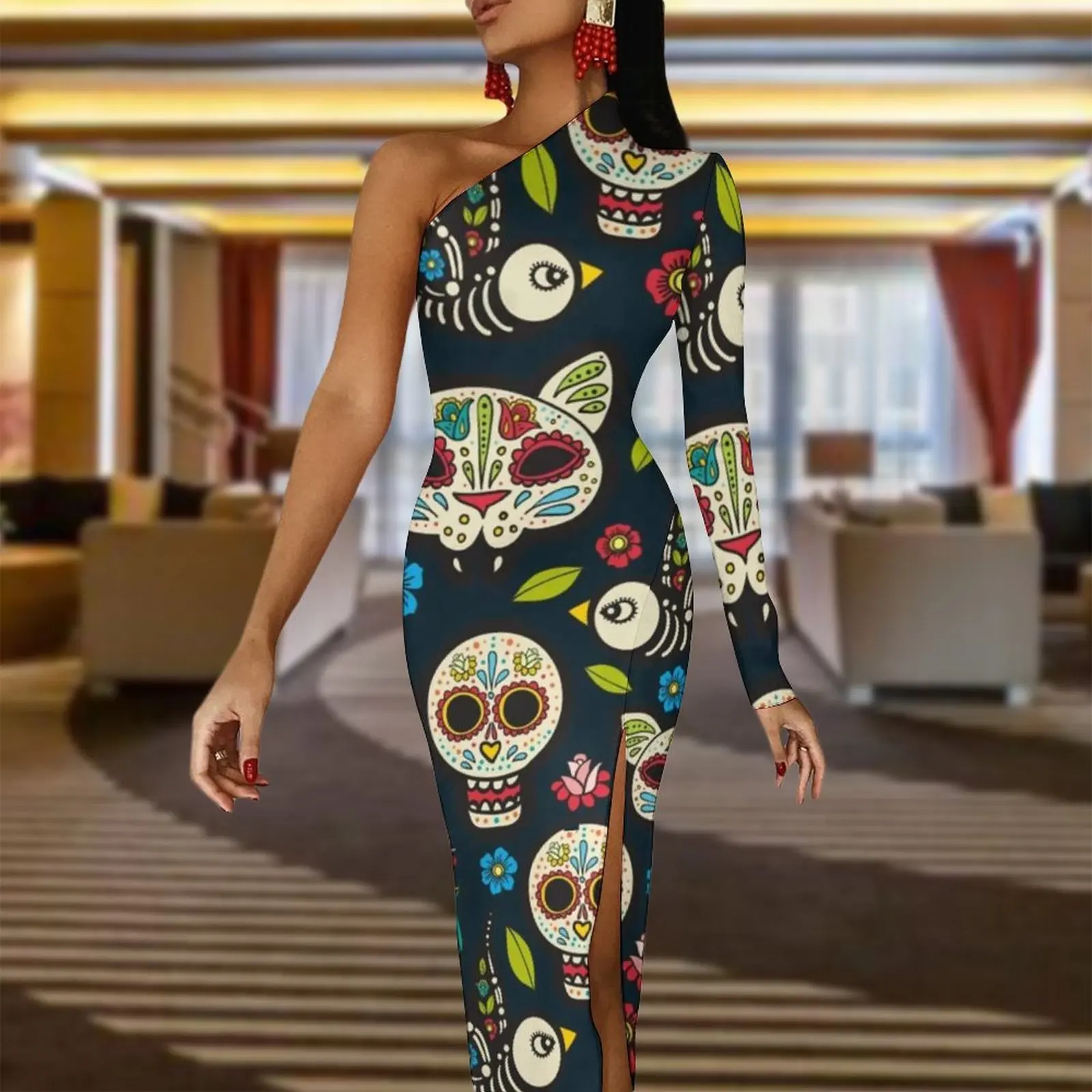 Halloween Day of The Dead Maxi Dress Long Sleeve Mexican Traditional Celebrates Skulls Party Bodycon Dresses Summer Kawaii Dress