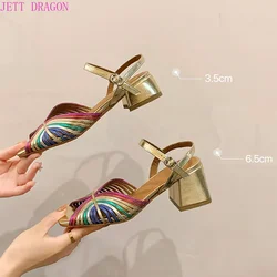 French Style Retro Peep Toe Genuine Leather Sandals Women Narrow Band Ankle Buckle Strap Block Heels Wedding Party Shoes Female