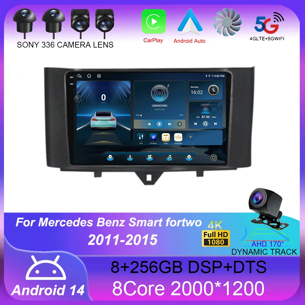 Android 14 Carplay Car Radio For Mercedes Benz Smart fortwo 2011 - 2015 Navigation Multimedia GPS Player Stereo WiFi 360 Camera