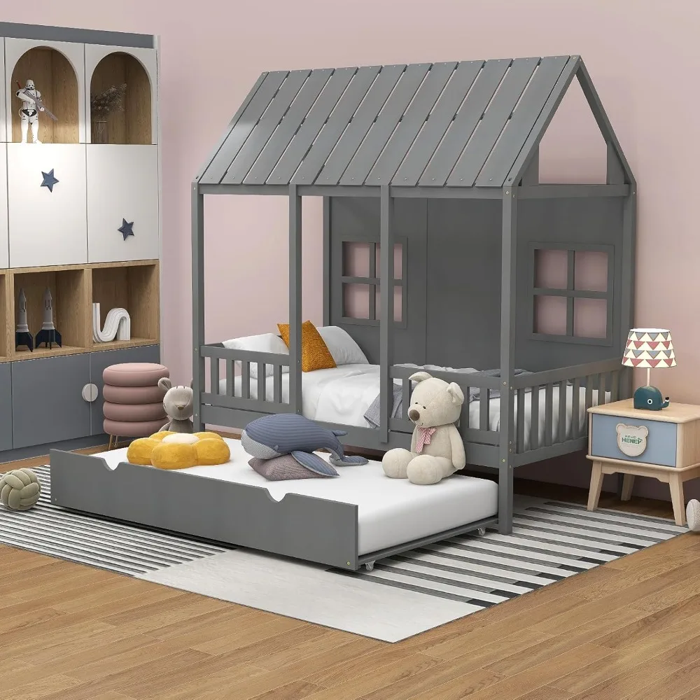 Twin Size House Bed with Trundle, Wood Kid’s House Bed Frame with Roof, Windows, Fence Rails, Playhouse Bed Frame