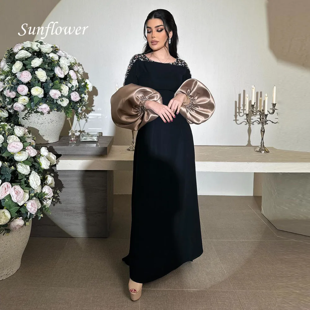 Sunflower Black Beading O-Neck Crepe Mermaid Evening Dress Saudi Arabia 2024 Slim Satin Long Sleeve Floor-Length Prom Dress