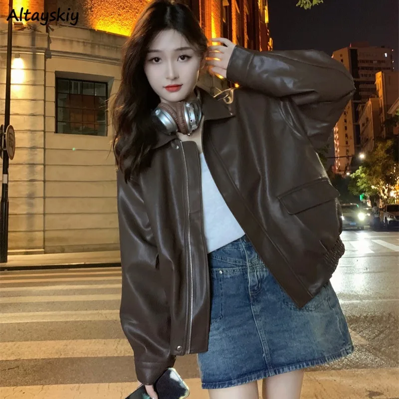 

Jackets Women Autumn Sweet Cool Girls High Street Simple All-match Retro Zippers PU American Fashion Loose Cozy Personality Chic