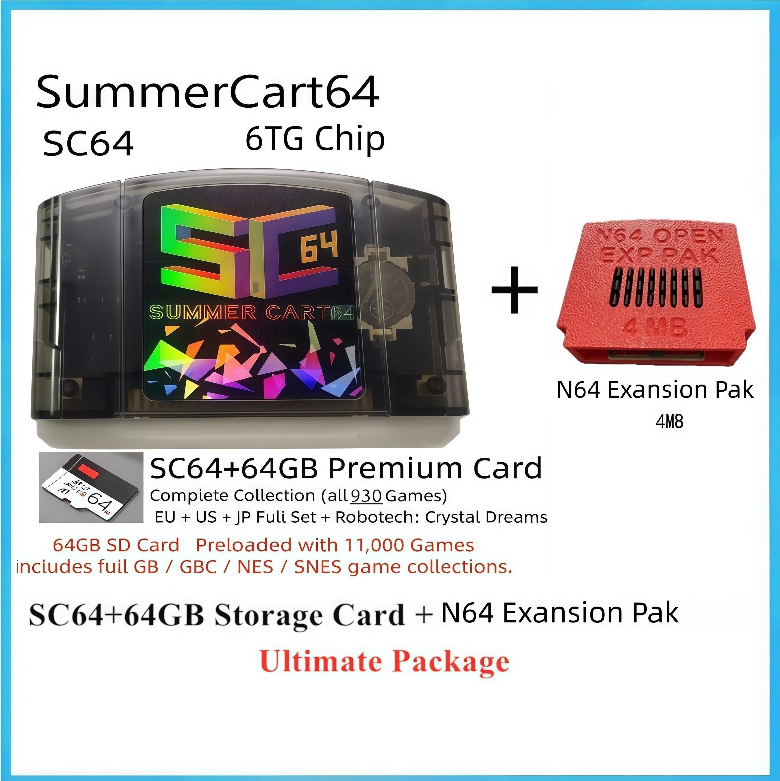 SC64 N64 Flashcart SummerCart64 Carte de Jeu Open Source 64GB SD Menu Intégré et Vignettes de Couverture Console de Jeu N64 Analogique 3D