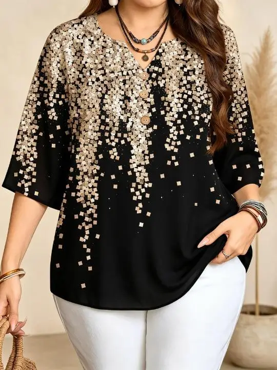 Plus Size Women Gradient Mosaic Print Blouse Notched V‑Neck 3/4 Sleeve Decor Buttons Half Placket Loose Casual Daily Top