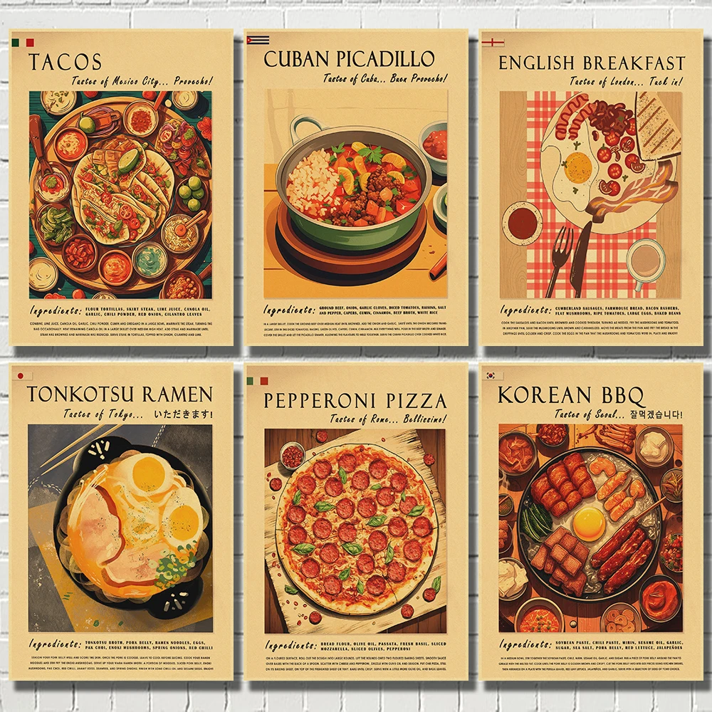 Póster Retro italiano japonés tailandés de comida, Pizza, Sushi, Paella, pintura en lienzo, imágenes de pared, decoración de cocina para el hogar, regalo de inauguración de la casa