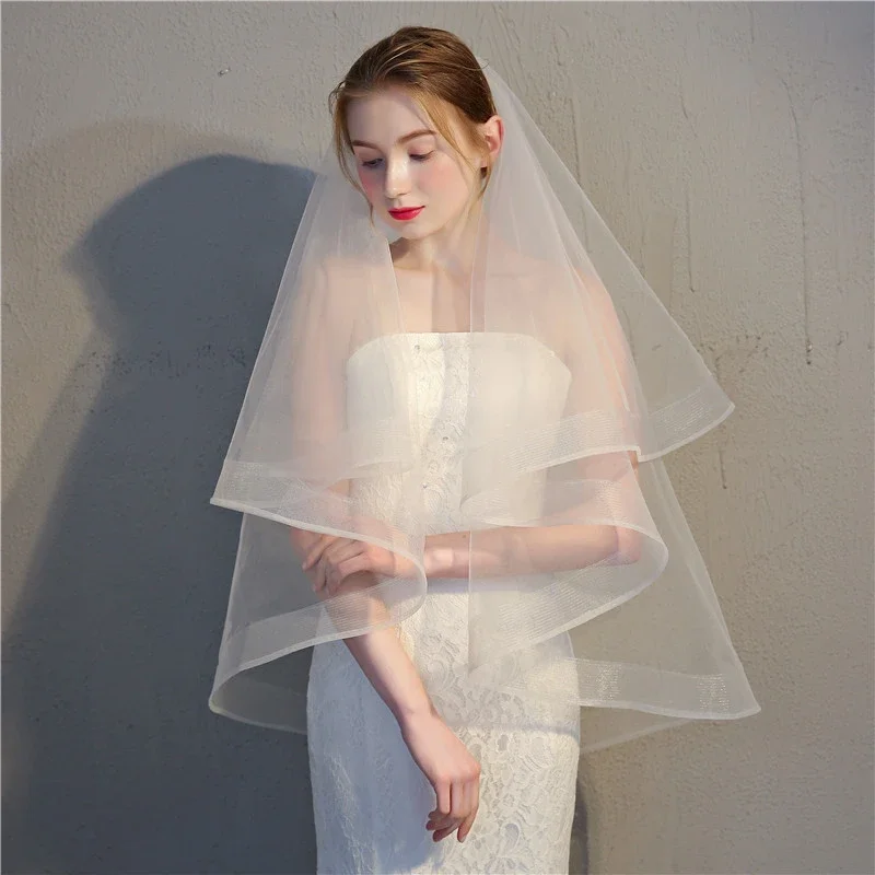 

Wedding Veil Short Bridal Face-Covered Two Layers 2 Tiers Simple Soft Horsehair Trim Bride Veil Ivory White