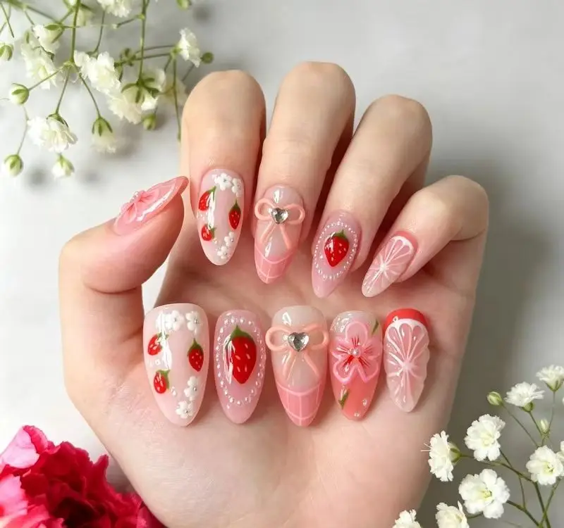 

24PCS Sweet Pink Fake Nails with 3D Strawberry Flower Bow and Heart Almond Press on Nails Coquette Style Reusable False Nails 네일