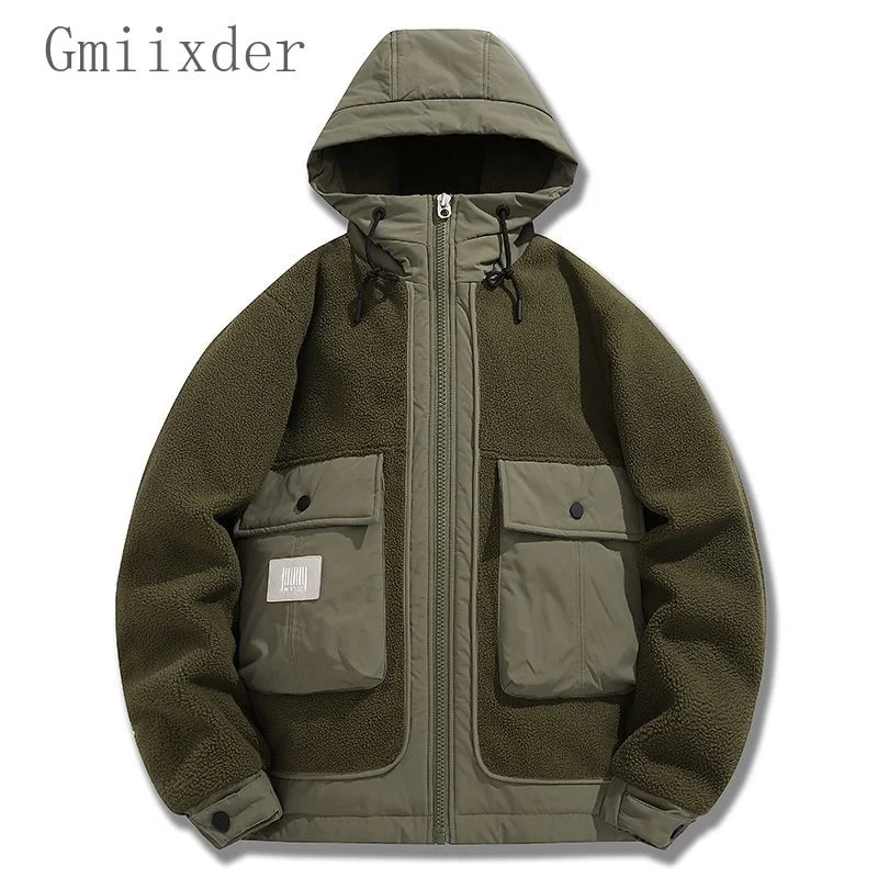 Lamb Fleece Coat Men High Street Thicken Big Pockets Patchwork Parkas Autumn/Winter Puffer Hooded Patch Zipper Jacket