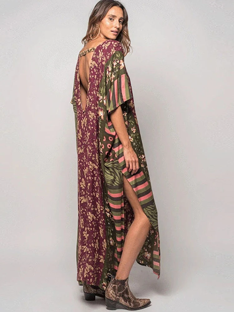 Boho Jurk V-hals Beach Cover Up Pareo Maxi Jurk Vrouwen Lange Zomer Jurk Badpak Cover Up Gewaad Plage Kaftan jurk Beachwear