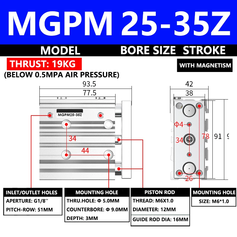 ABILKEEN MGPM Series Pneumatic Compact Guide Cylinder MGPM25-35Z 25MM Bore X 35MM Stroke Thin Three Axis Three Rod Air Cylinder