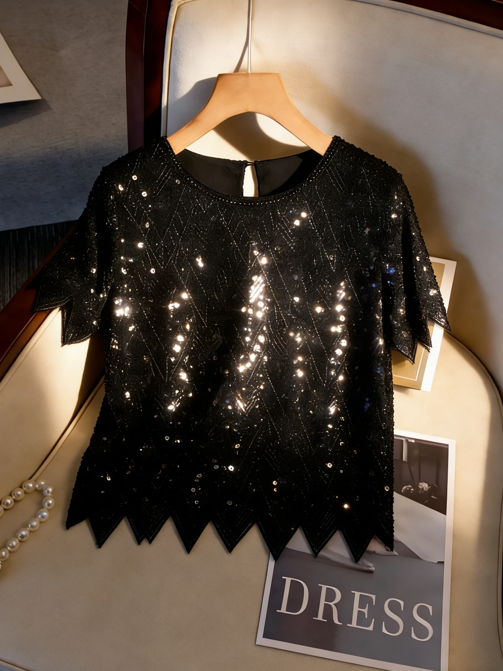Shiny Sequin Women's Elegant Handmade Pearl Fringed Party Top - Black Casual Fashion Short-Sleeved Shirt, Suitable for All Seaso
