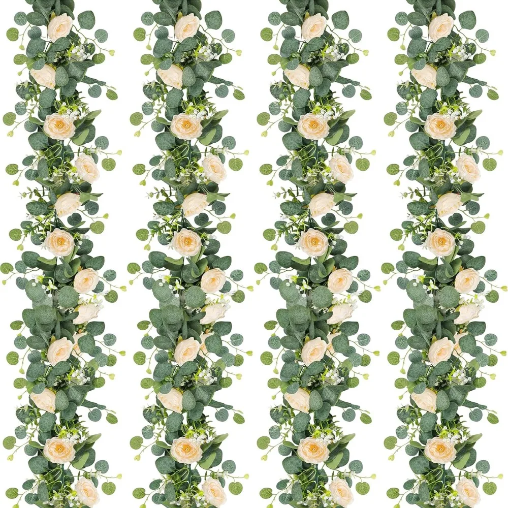 

TOCHGREEN 4 Pack 24Ft Artificial Eucalyptus Flower Garland with Champagne Roses, Fake Rose Flower Greenery Garland Floral Vines