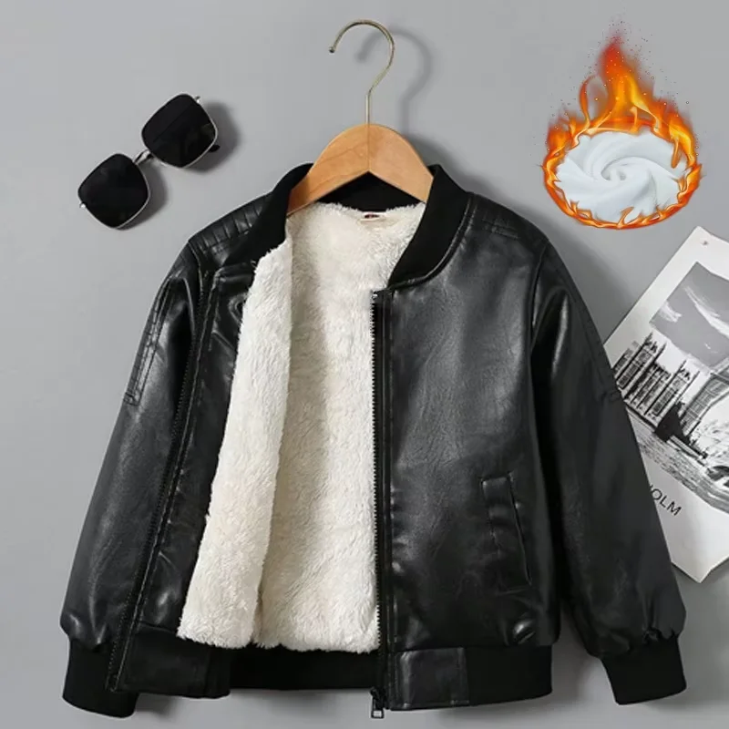 2-14Y Boys Thick Leather Jackets Children Warm PU Leather Outerwear Girls Winter Plush Velvet Coats Kids Autumn Fashion Clothing