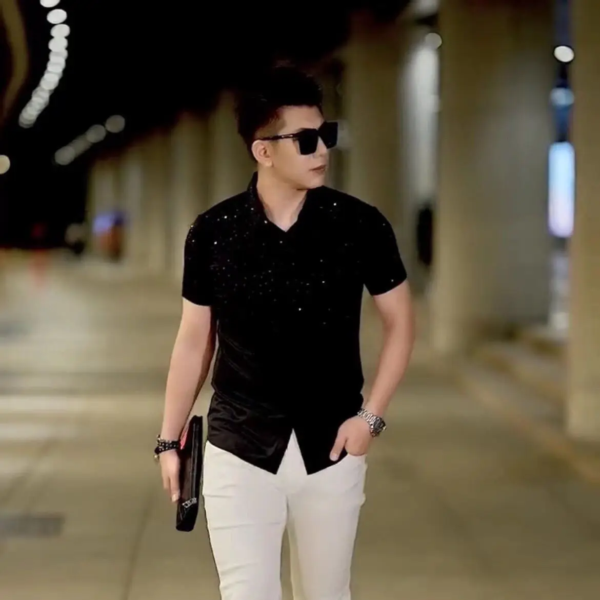 Summer New Men's Stretch Shirt Short Sleeve Simple Hot Drill Process Slim Short Sleeve