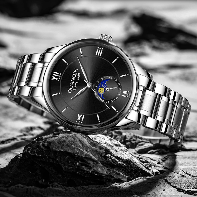 Мужские часы GUANQIN, роскошные автоматические механические стальные кожаные часы с календарем и фазой Луны, деловые водонепроницаемые мужские часы для отдыха