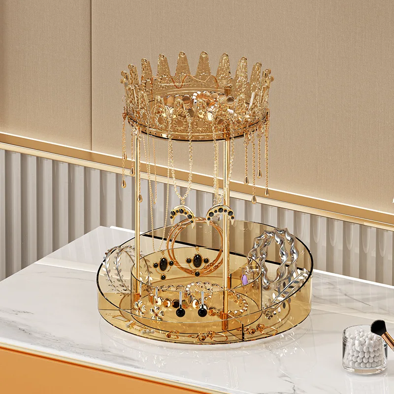 Bathroom Storage Light Luxury Crown Rotating Jewelry Storage Rack Large Capacity Double-layer Skincare Product Makeup Tray Shelt