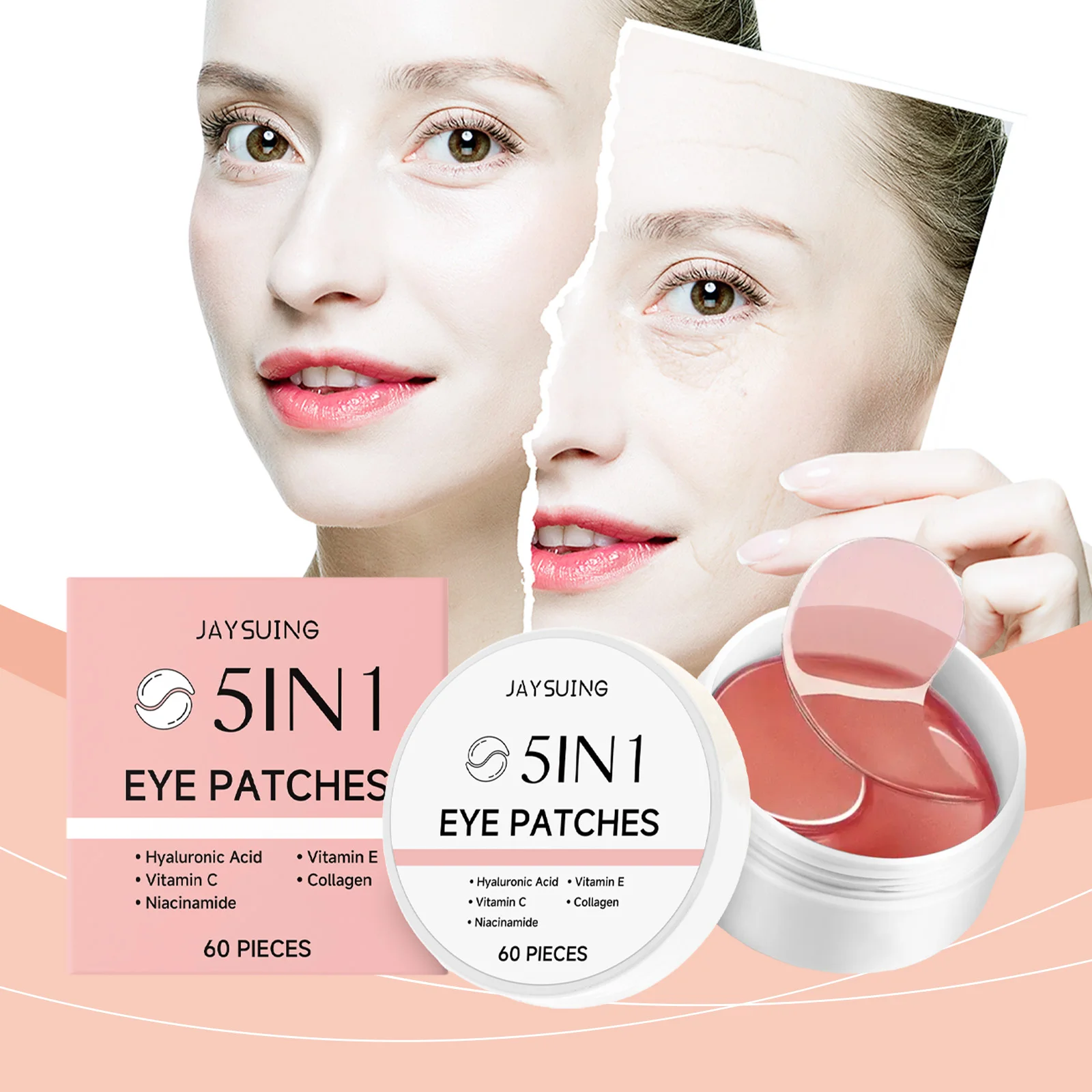 JAYSUING Under Eye Patches - 5 in 1 Under Eye Mask Hyaluronic Acid & Collagen,Under Eye Face Mask, (Rose Scented 60 Pcs)