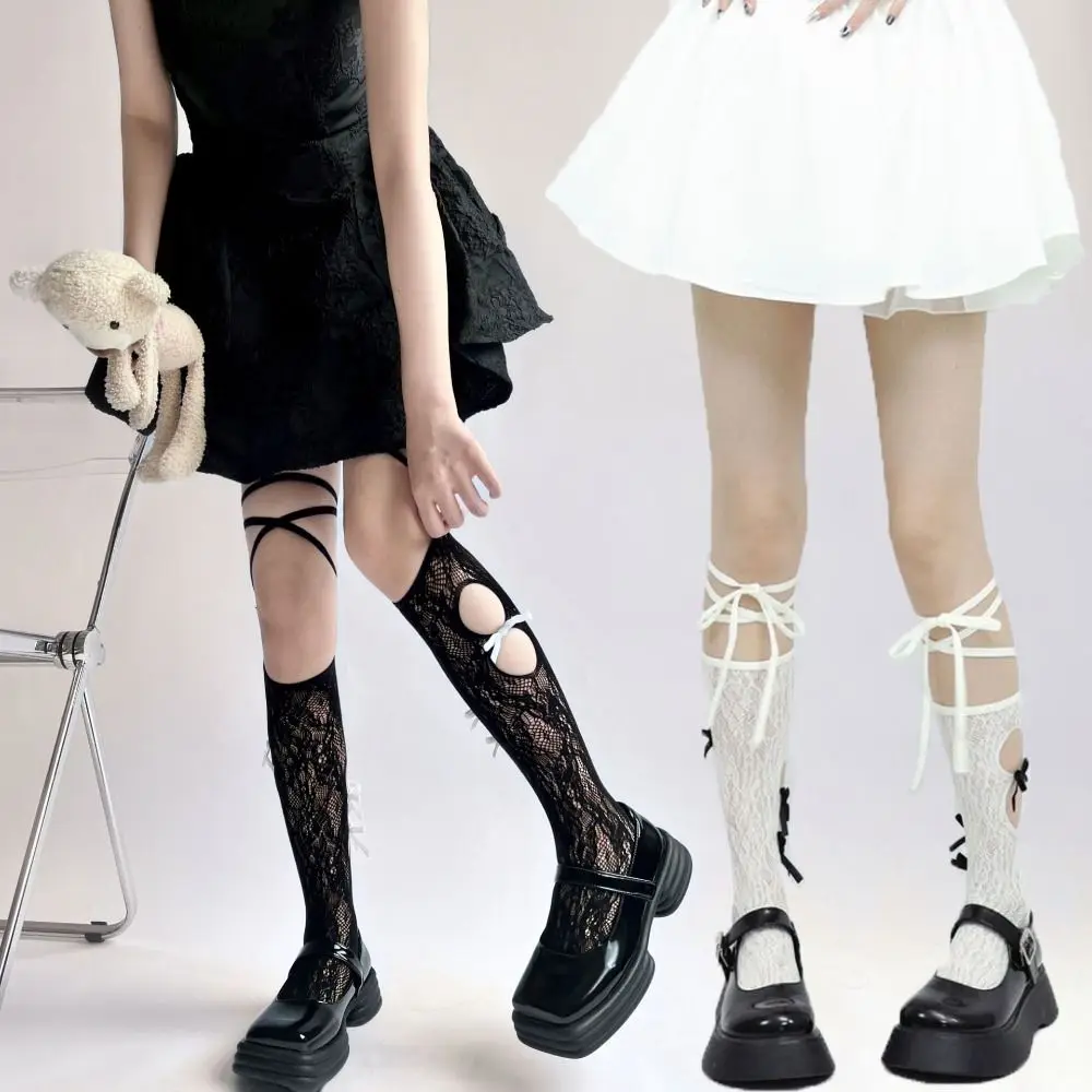 

Fashion Hollow Out Lace-up Calf Stockings JK Lolita Sweet Bowknot Long Stockings Transparent Ultra-thin Mesh Stockings Summer
