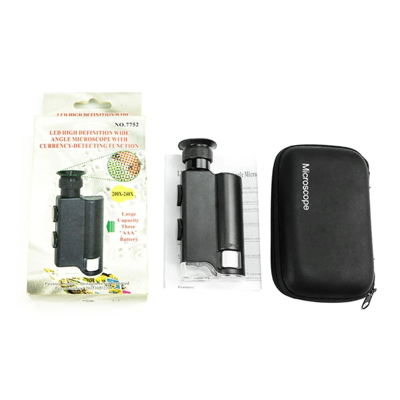 

Handheld 200X~240X LED Lighted Pocket Microscope with UV Light White Lamp