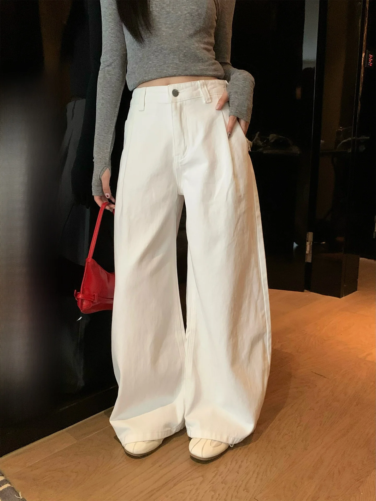 

Белые джинсы с высокой талией и широкими штанинами, женские свободные повседневные хлопковые брюки длиной до пола, брюки-ножи, осень-зима, моя