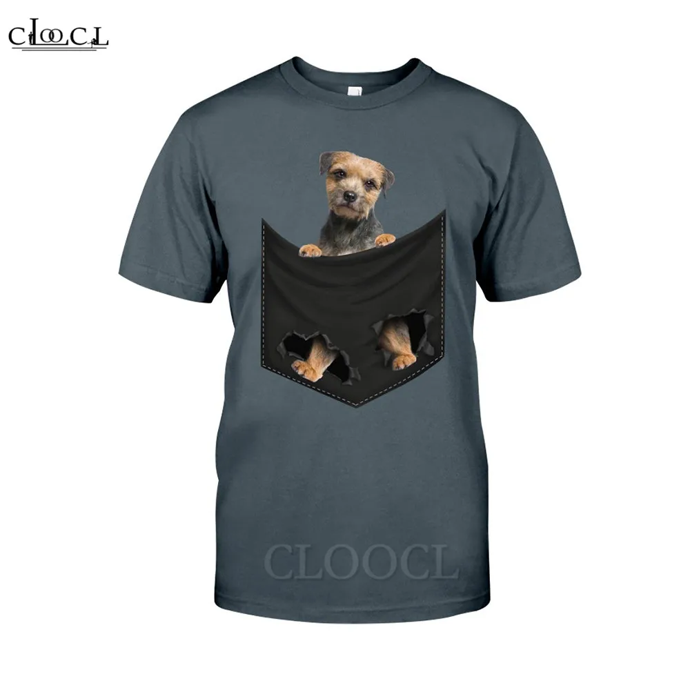 HX Funny T-Shirts 3D Graphic Animals Dog Border Terrier In Pocket Printed Tees Polyester Casual Pullovers Hip Hop Tops