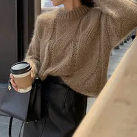 Coarse Yarn Knitted Sweater for Women Autumn Winter Lazy Style Stretch Twist Pullovers Vintage Solid Color O-Neck Jumpers Mujer