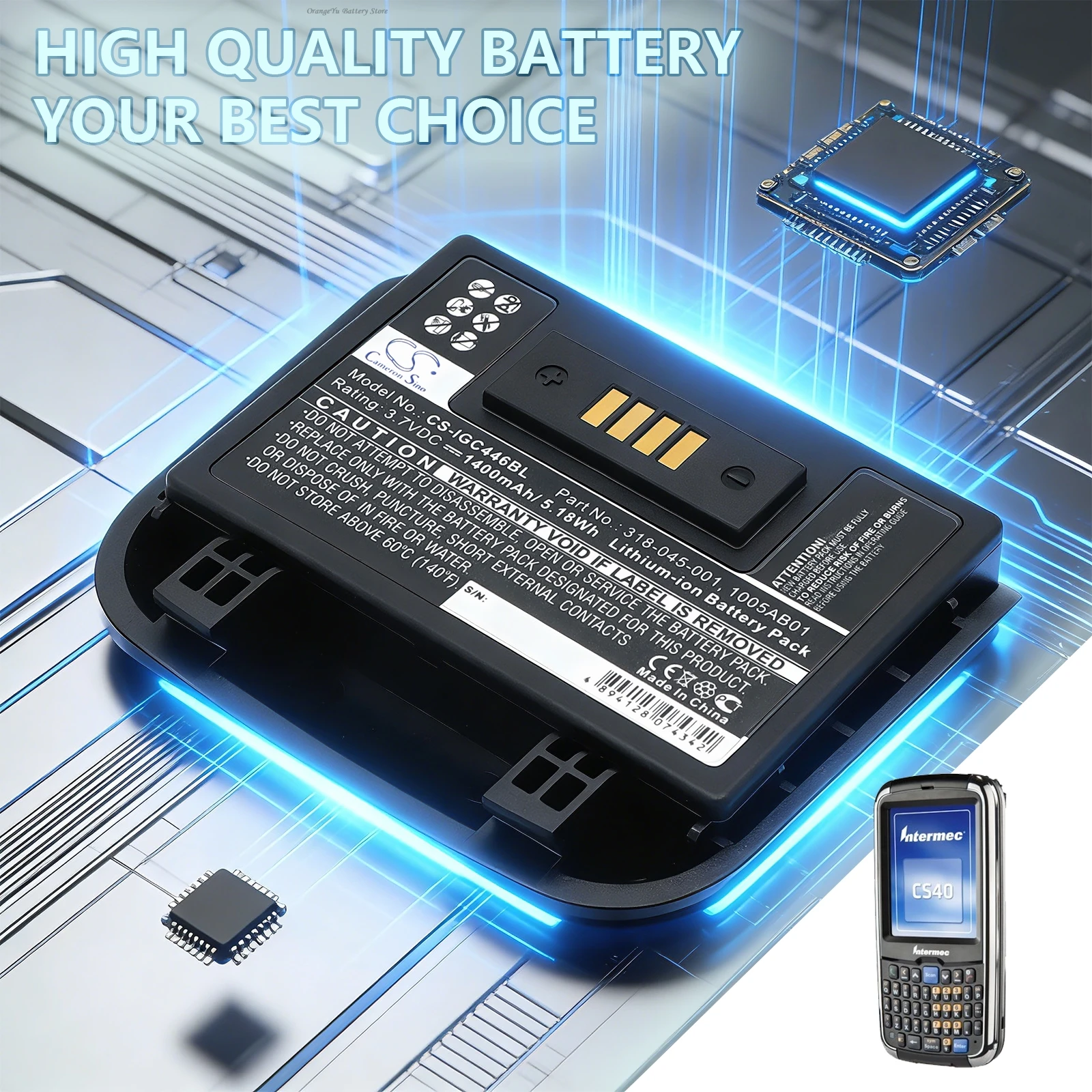 Replacement 3.7V 1400mAh Barcode Scanner Battery 1005AB01, 318-045-001 for Intermec CS40, GC4460