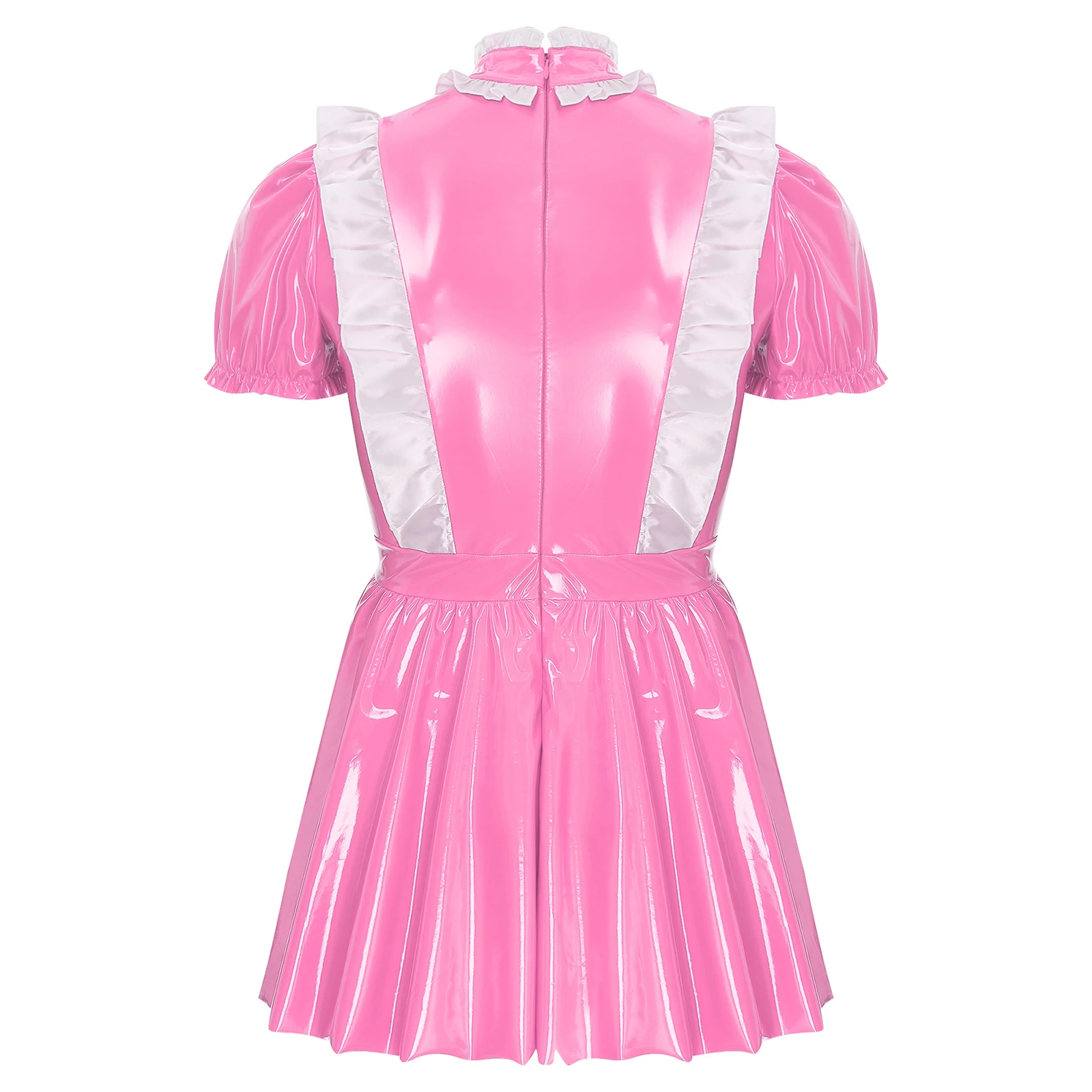 Costume de femme de chambre Sissy pour homme, dos brillant, cuir, volants, ligne A, mini robe, travesti, crossdresser, cosplay, tablier, robe de paupières