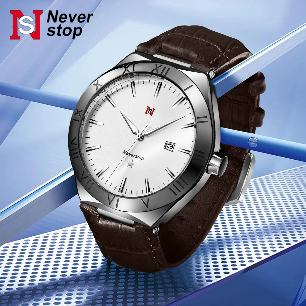 NS Simple Roman Numeral Dial Mens Quartz Watch Men's daily business strap calendar watch