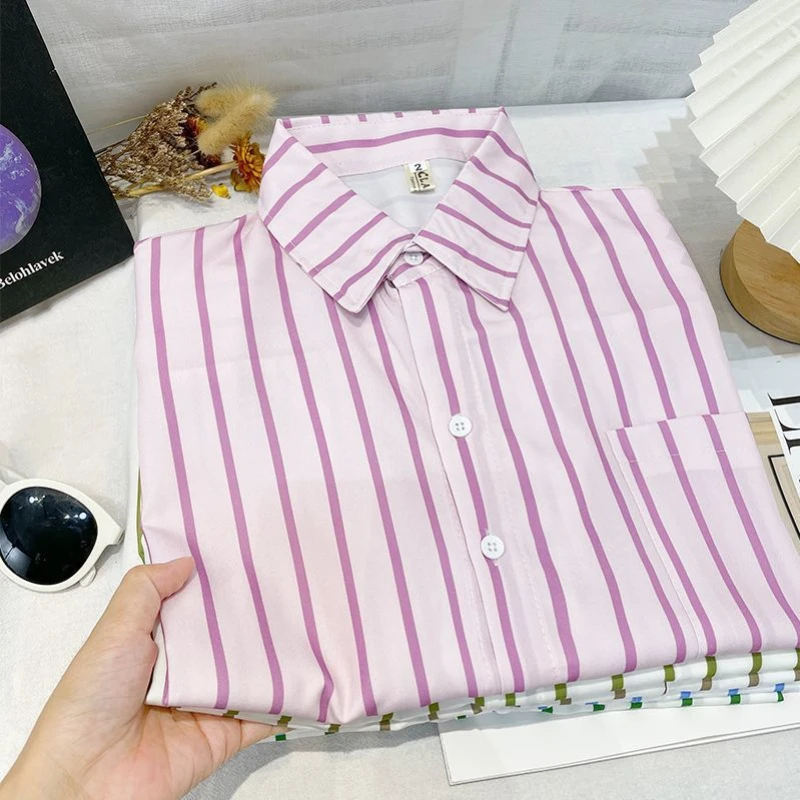 Women Clothing Temperament Striped All-match Blouse Spring New Polo Neck Long Sleeve Loose Vintage Shirt Tops Fashion Casual