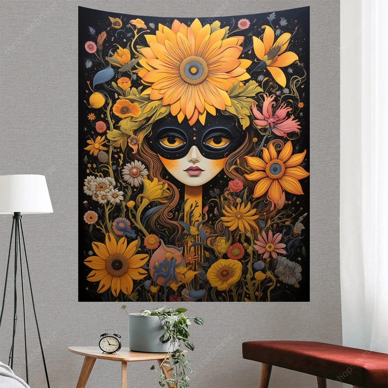 Tapestry of A Girl with Eyes and Flowers, in Style of Psychedelic Dreamscape, Whimsical Figures,Hippie Eye Tapestries Home Decor