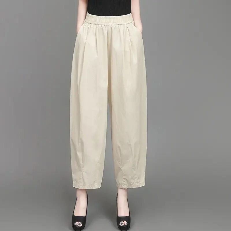 

Большой размер, тонкий чистый хлопок, эластичная талия, высокая талия, свободные укороченные брюки, женские новые рабочие брюки-фонарики, повседневные и тонкие XT1097