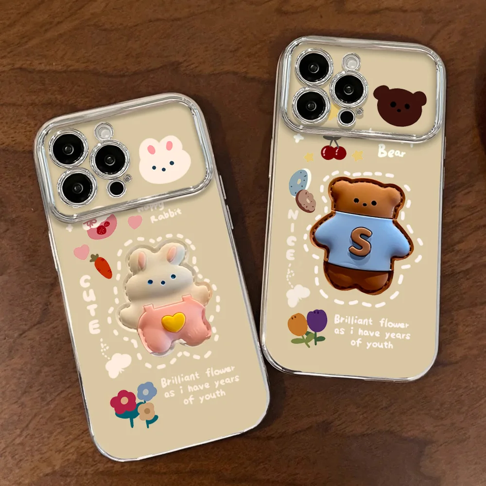 Cute Line Cubic Bear Rabbit Cartoon Couple Phone Case For iPhone 12 11 13 14 15 16 Max Pro Plus Electroplated Large Window Lens