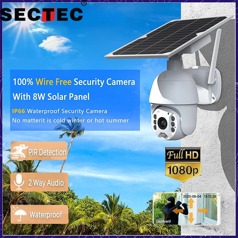 

SECTEC 4X Zoom Solar 1080P Camera PTZ Surveillance CCTV Wireless Monitor Cloud PIR Motion Detection Solar Outdoor Cam