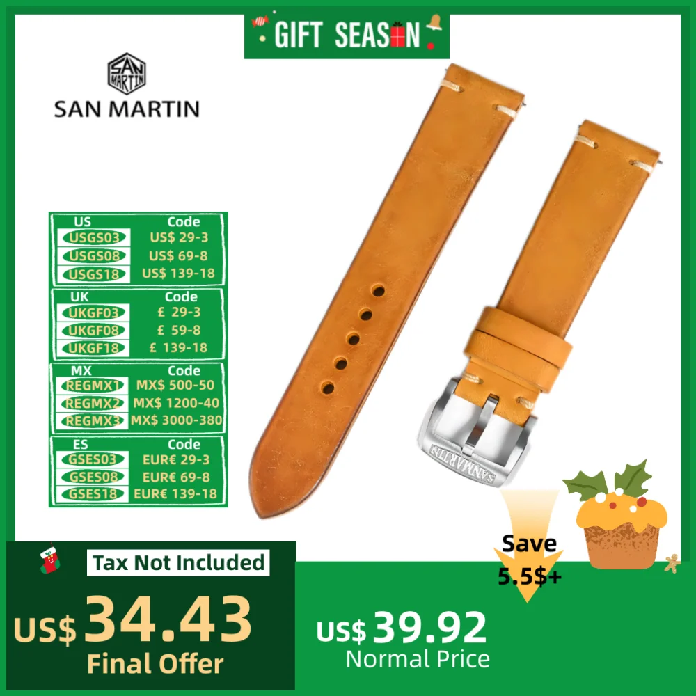 San Martin Quick Release Watch Band Italy Pubelo Frosted Leather Strap 20mm 22mm Watchband Retro Pin Buckle Simple Fashion 스트랩