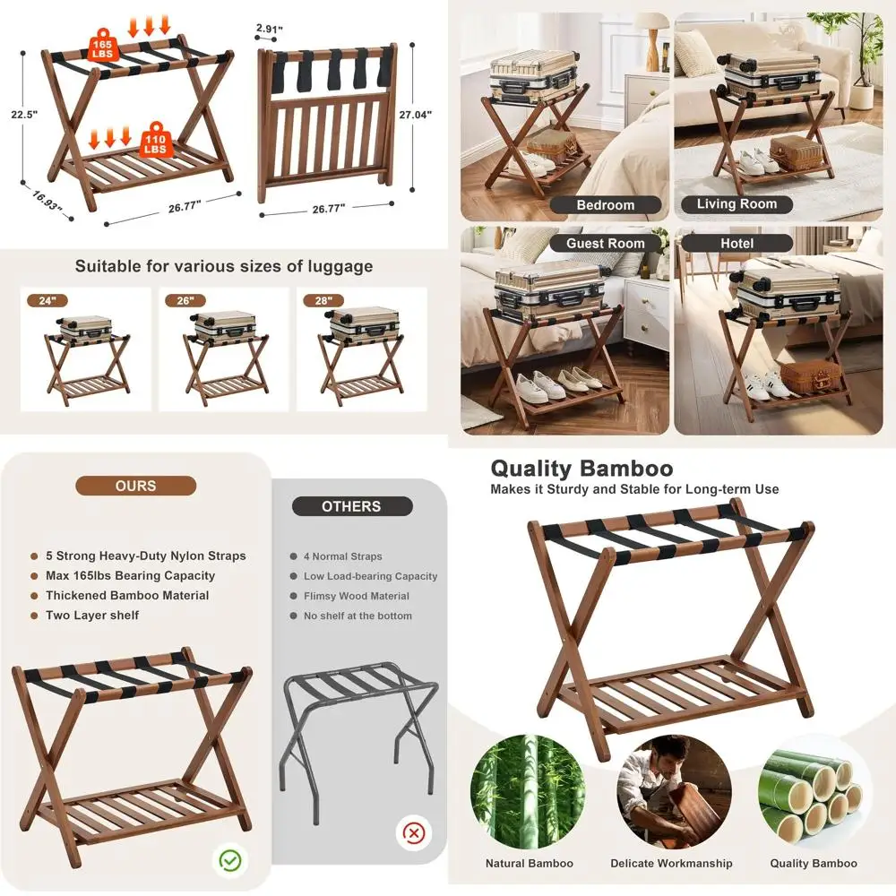

ully Assembled Walnut Lage Racks Set o 2, Bamboo Lage Rack Stand or Gt Room, 5 Nylon Straps, 26.77" olding Suitcase Stand with S