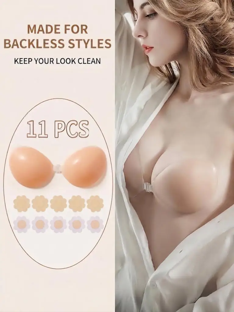 1 Pair of Silicone Super Sticky Breast Pads, Free 10 Protective Pads, Invisible Push-Up Strapless Backless Design, Reusable, Suitable for Dresses, Weddings, Parties, and Various Occasions