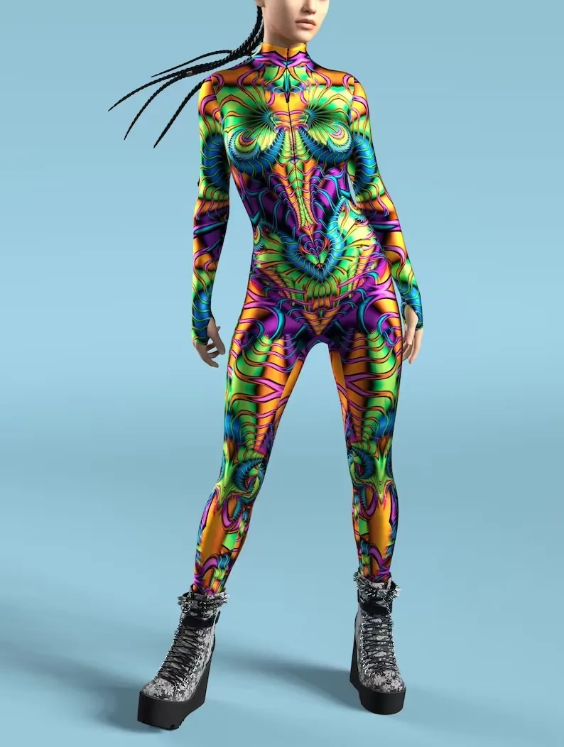 Mehrfarbiger Totenkopf-Print-Kostüm, Damen-Body mit Reißverschluss vorne, Halloween-Party, Karneval, Festival, Bühnenauftritt, Catsuit-Kostüm – Detail 10