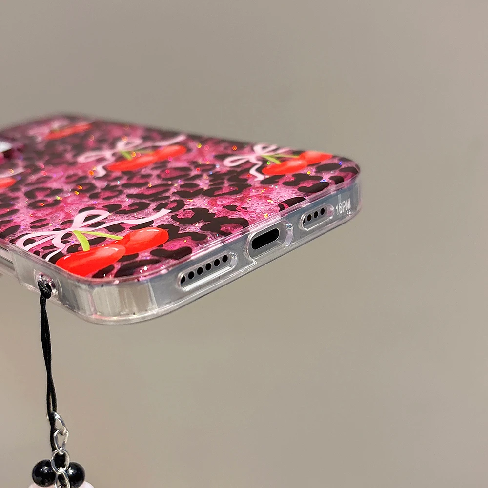 Casing Ponsel Motif Macan Tutul Mawar Merah dengan Glitter Ceri untuk IPhone 13 15 14 16 Pro Max, Pelindung Anti Benturan Modis Berkilau untuk Iphone 17 Pro