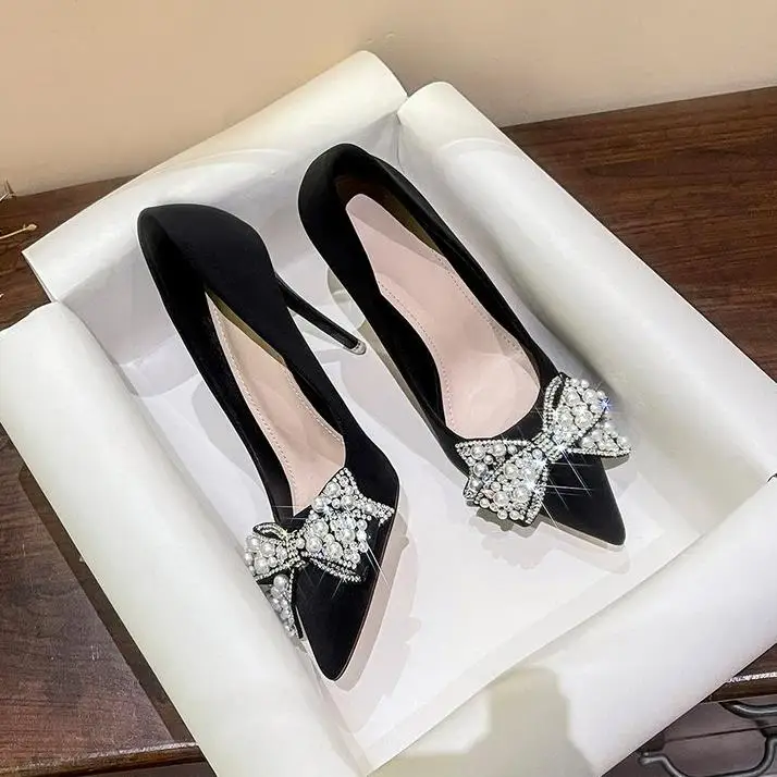 New Fashion Bowknot Pointed Toe High Heels Pumps Women's Stiletto White Pearl Bridal Wedding Shoes Banquet Party Dress Shoes