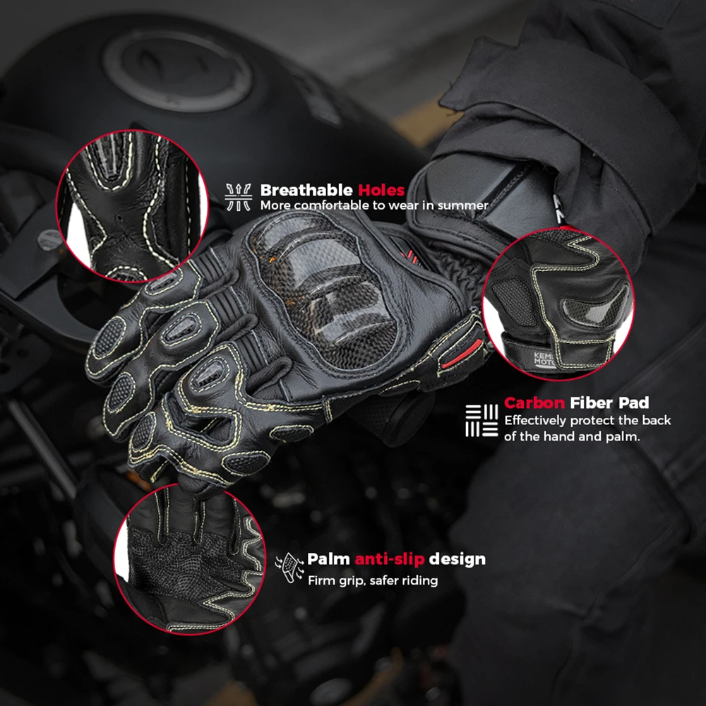 KEMITOUR Leder Racing Moto Handschuhe Für Motorrad Lange Manschette Professionelle Powersports Handschuhe Carbon Fiber Knuckle Für Männer Frauen – Detail 4