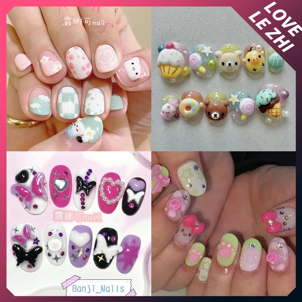 

Cute Hello Kitty Handmade Press On Nails Kawai Full Cover Cartoon Rabbit Short Ballet Custom Wearable Reusable Fake Nails