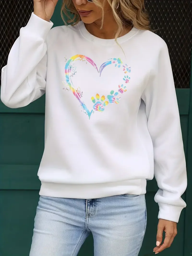 

Heart Print Pullover Sweatshirt, Casual Long Sleeve Crew Neck Sweatshirt For Fall & Winter, Women's Clothing