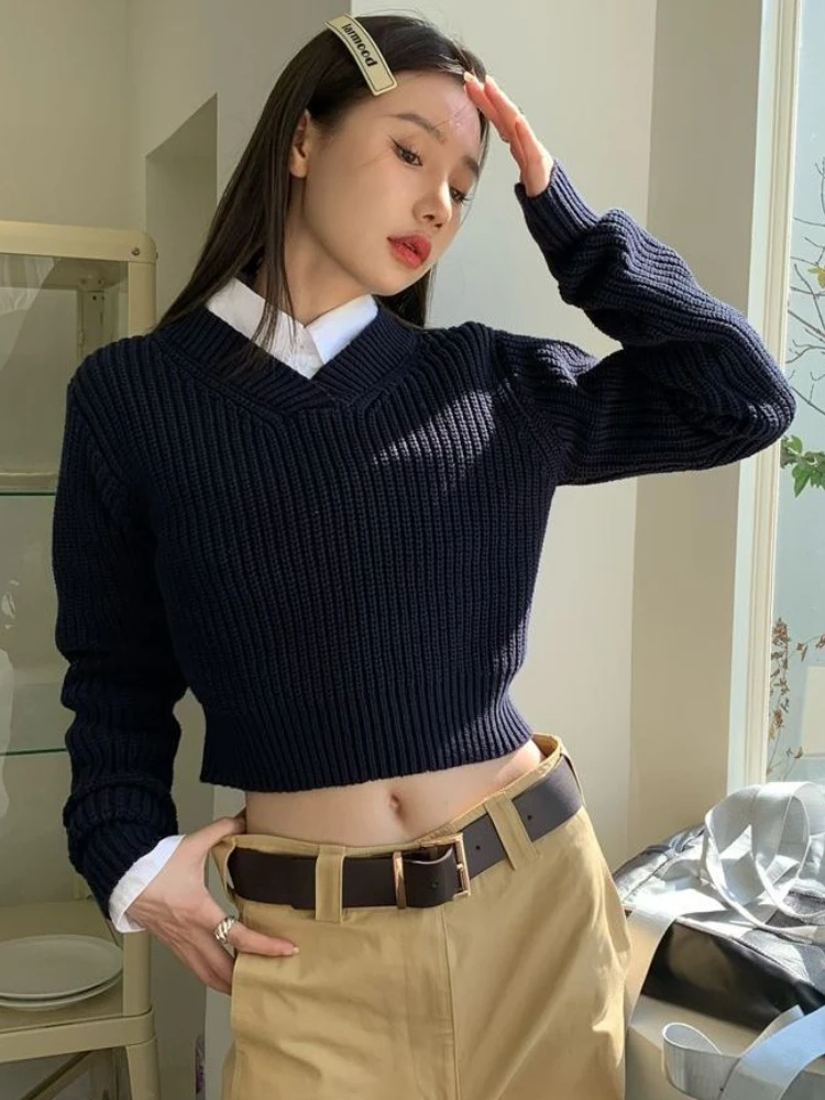 Preppy Style Blue Cropped Sweater Women Harajuku Vintage Oversized Knitted Jumper Korean Casual Pullover Y2K Tops Kpop