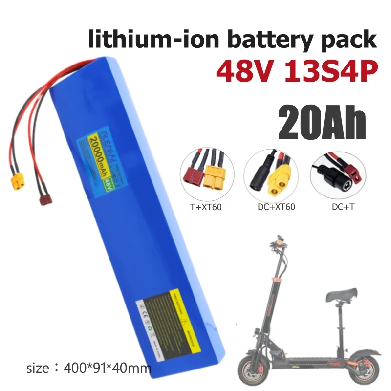 48V 20Ah 13S4P 18650 Battery Pack with BMS, 54.6V Rechargeable Lithium Replacement for 500W 750W 1000W Electric Scooter & E-Bike